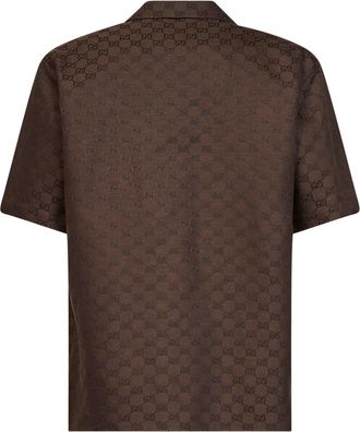 Gucci Mens Bowling Shirt Gg Linen-Blend Brown Cotton