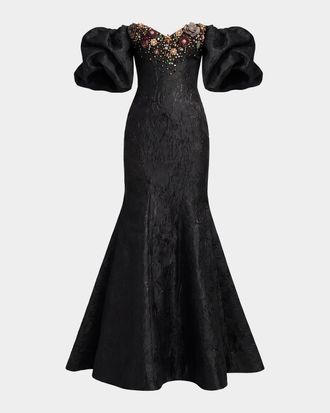 Mac Duggal Beaded Brocade Mermaid Gown