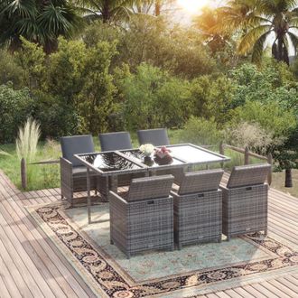 vidaXL Set Comedor Jard&iacute;n 7 Pzas Y Cojines Rat&aacute;n Sint&eacute;tico Gris Vidaxl