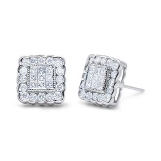 House of Brilliance 14K White Gold 1.0 Cttw Diamond Scallop-Edge Framed Square Halo Stud Earrings at Nordstrom