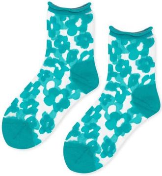 Hansel From Basel Poppy Flower Sheer Crew Socks in Sea Green at Nordstrom