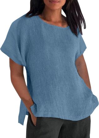 Generic Womens Round Neck Seven Point Sleeve Cotton Linen Solid Color Loose Casual T Top V-Neck Side Slit Cap Sleeve T-Shirt(B Blue,XL)