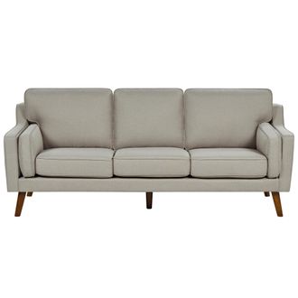 Beliani Sof&aacute; 3 Plazas Moderno Tapizado En Tela Roble Macizo Patas De Madera Oscura Beige Lokka