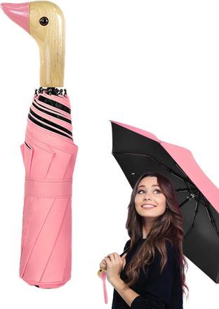 Generic Duck Umbrella Adult, Cute Duck Wooden Handle Umbrella, Windproof 8 Ribs 3 Folding Umbrellas, Rain And Sun Protection, Compact, For Home Work Travel