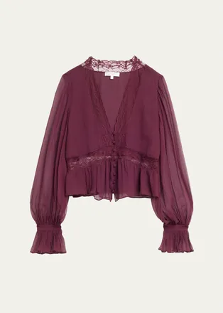 LoveShackFancy Thessira Lace-Trim Chiffon Blouse