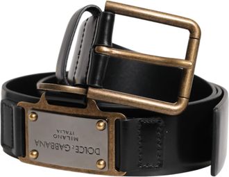 Dolce & Gabbana Black Leather DG Logo Plaque Buckle Mens Belt (Pre-Owned)