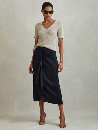 Reiss Navy High Rise Wrap Midi Skirt, 16