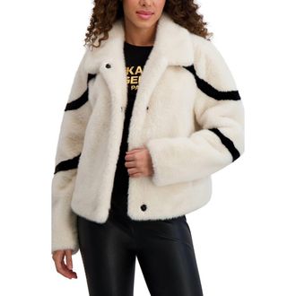 Karl Lagerfeld Stripe Short Faux Fur Coat in White Black at Nordstrom Rack, Size Medium
