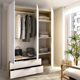 Dmora Guardarropa 3 Puertas Mayos, Armario Dormitorio Perchero, 2 Cajones, 3 Estantes, 51x137 Cm Blanco
