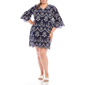 Karen Kane Embroidered Flare Sleeve Cotton Dress in Navy at Nordstrom, Size 0X
