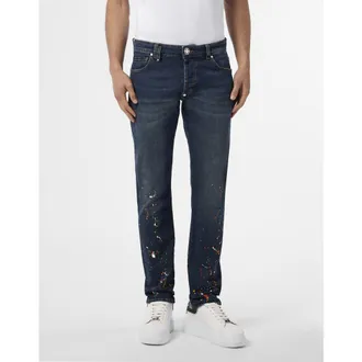 Philipp Plein Super Straight Cut Jeans Paint Men in Texasblue at Nordstrom, Size 33