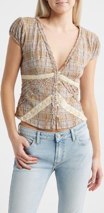 BDG Robyn Plaid Ruffle & Lace Trim Button-Up Top in Brown at Nordstrom, Size X-Small