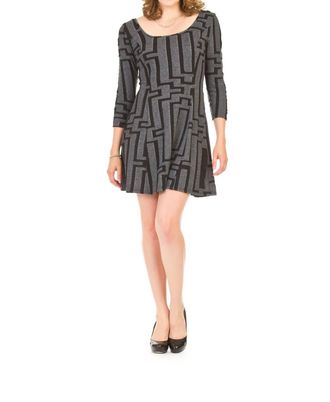 Papillon Textured Geo 3/4 Sleeve Dress In Gray/black