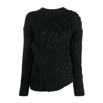Alexander McQueen Alexander McQueen, Round-neck Knitwear, female, Black, Size: M Asymmetric Wool Jumper with Ribbed Detailing