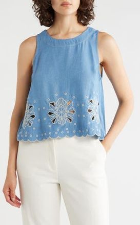 T Tahari Eyelet Embroidered Chambray Shell in Washed Denim/Cream at Nordstrom Rack, Size X-Large