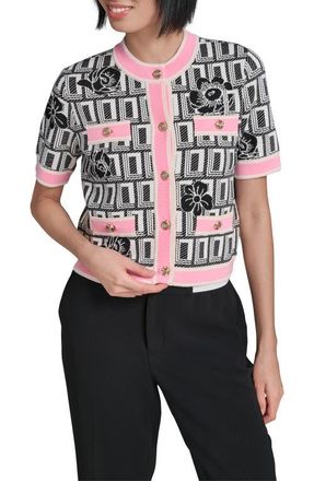 Karl Lagerfeld Print Short Sleeve Cardigan in White/Black/Paris Pink at Nordstrom, Size X-Large
