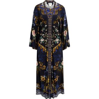 Camilla Beaded Print Long Sleeve Ruched Silk Midi Dress in Notes From The Blue Room at Nordstrom, Size X-Small