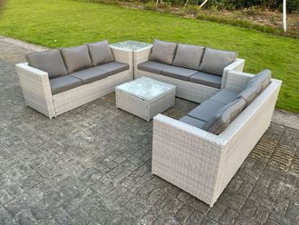 Fimous Light Grey Outdoor PE Rattan Garden Furniture Set Wicker Sofa Set Square Coffee Table Side Table