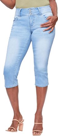 Royalty For Me Womens YMI Jeans Womens Wannabettabutt 3-Button Capri Sustainable, Light Blue, 10 Short