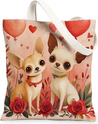 Generic Valentines Day Chihuahua Dog Canvas Tote Bag for Shopping 13x15, Fun Couple Puppy Reusable Grocery Print Pattern Bag for Women, Lover Beach Aesthetic 