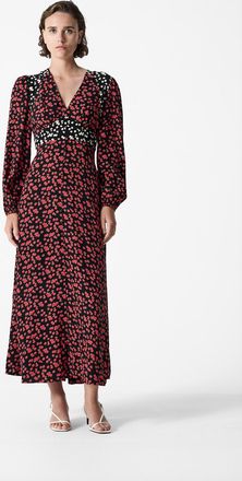 French Connection Womens Red Floral Chiffon Midi Dress With Tiered Skirt - Size 14 UK