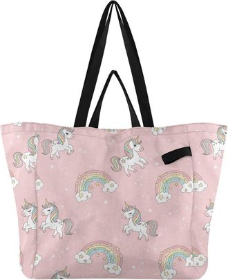 Generic Unicorn Rainbow Pink pattern Reusable Canvas Tote Bag, Heavy Duty Grocery Shopping Bag with Hard Bottom Large Capacity Double Handles Work Groceries T