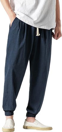 Generic Mens Hip Hop Harem Trousers Jogger Linen Drawstring Elastic Waist Baggy Drop Crotch Jogging Bottoms Jogging Bottoms Men Without Cuffs, navy, L