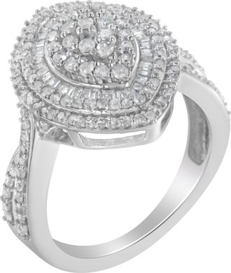 House of Brilliance 925 Sterling Silver 1.0 Cttw Round & Baguette-Cut Diamond Marquise-Shaped Cluster Triple Stepped Halo Cocktail Fashion Ring