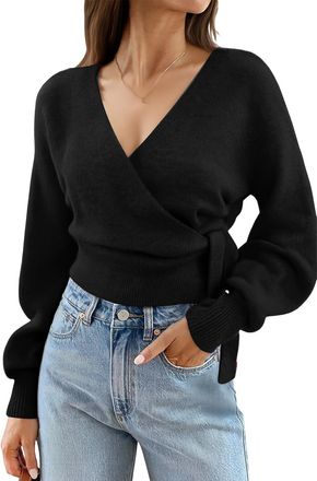 Generic Womens Cropped V Neck Knitted Jumpers Wrap Front Long Sleeve Tie Waist Top Soft Knit Pullover for Casual Daily Wear Loose Fit Fashion Blouse Fashion C