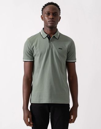 HUGO BOSS Mens BOSS Green Paul Mens Short Sleeve Polo Shirt With Contrast Tipping - Open Green 358 - Tan - Size: 42