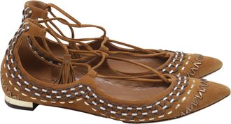 Aquazzura Christy Folk Lace Up Flats in Brown Suede
