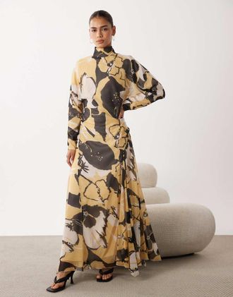 Asos vestito lungo con collo alto e vita asimmetrica a fiori marrone-Multicolore