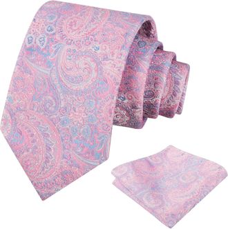 Alizeal Mens 8cm Solid Paisley Necktie for Men Jacquard Classic Formal Tie and Handkerchief Set, Pink+Blue
