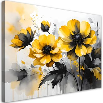 Feeby Impresi&oacute;n De Imagen Flores Amarillas En Una Elegante Composici&oacute;n En Negro Y Dorado 100x70