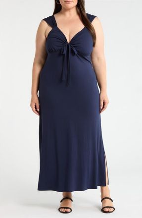 Loveappella Tie Front Jersey Maxi Dress in Navy at Nordstrom, Size 2X
