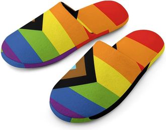 Generic Transgender LGBT Rainbow Flag Mens Slippers Flannel Warm House Shoes with Rubber Anti-Slip Sole Slip On for Home Outdoor