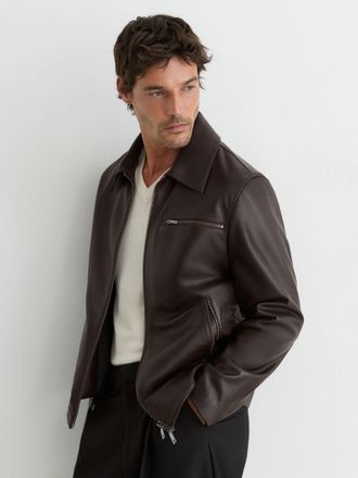 Reiss Brown Leather Zip-through Jacket, Xxl