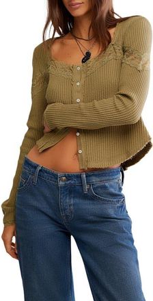 Free People Lets Party Lace Trim Cotton Waffle Cardigan in Gothic Olive at Nordstrom, Size X-Small
