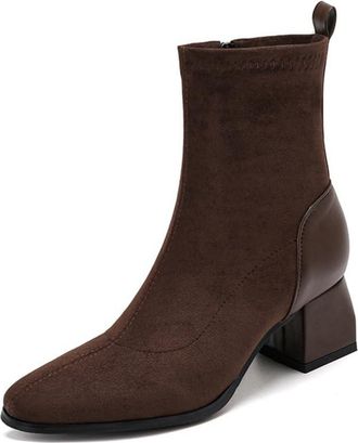 Generic Womens Suede Ankle Boots Square Toe Block Heel Zip Up Soft Lining Cushioned Insole Comfortable Non Slip Durable Daily Casual Office Shoes,Brown,3.5 UK