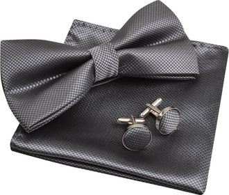 Alizeal Solid Pre-tied Bow Tie Cufflinks Hanky Set for Men Neck Wear, dark gray