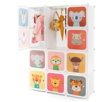 Costway Armadio modulare per bambini a 12 cubi con 2 sezioni pensili, Cassettiera con graziosi motivi, Facile da montare, per camera da letto, cameretta dei