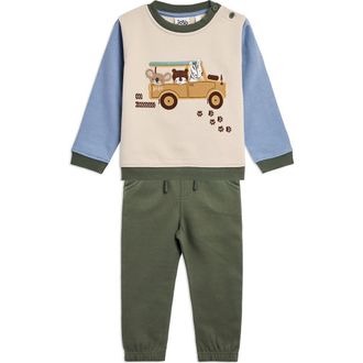 JoJo Maman B&eacute;b&eacute; Safari Jeep Appliqu&eacute; Cotton Sweatshirt & Joggers Set in Green at Nordstrom, Size 12-18M