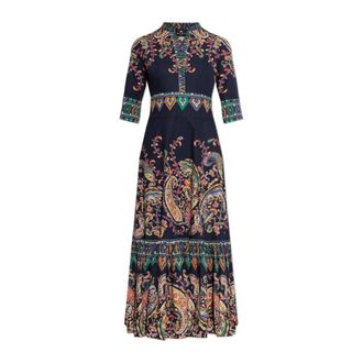 Etro Etro, Maxi Dresses, female, Blue, Size: S Long Cotton Dress with Placed Floral Paisley Print