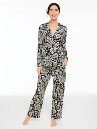 Talbots x Soma Cool Nights Long Sleeve & Pants Pajama Set - Paisley Blooms - Black/Ivory - Medium