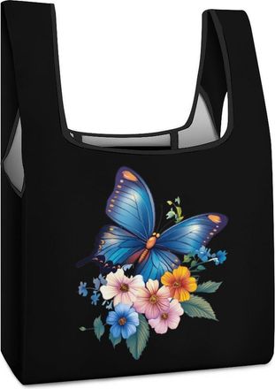 Generic Butterfly With Flowers Shopping Bag Reusable Grocery Tote Bag Foldable Handbag for Travel Picnic
