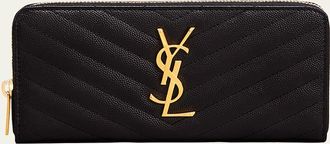 Saint Laurent YSL Monogram Large Zip Wallet in Grained Leather