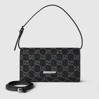 Gucci Small Pouch With Strap And Gucci Plaque, Black, Fabric