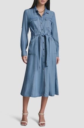 DKNY Tie Waist Roll Tab Chambray Midi Shirtdress in Stream Wash at Nordstrom, Size Xx-Small