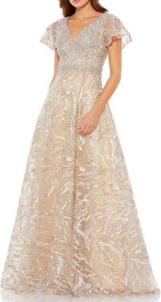 Mac Duggal Embellished Illusion Butterfly Sleeve A-Line Gown in Champagne Gold at Nordstrom, Size 18