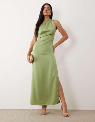 Asos Vestito lungo monospalla in raso verde salvia con pieghe-Multi